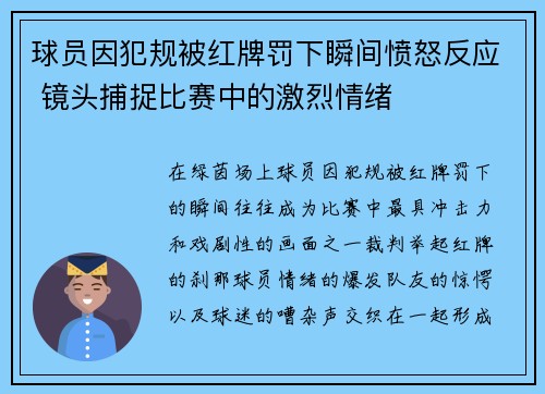 球员因犯规被红牌罚下瞬间愤怒反应 镜头捕捉比赛中的激烈情绪