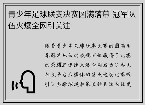 青少年足球联赛决赛圆满落幕 冠军队伍火爆全网引关注 青少年足球联赛决赛圆满落幕 冠军队伍火爆全网引关注